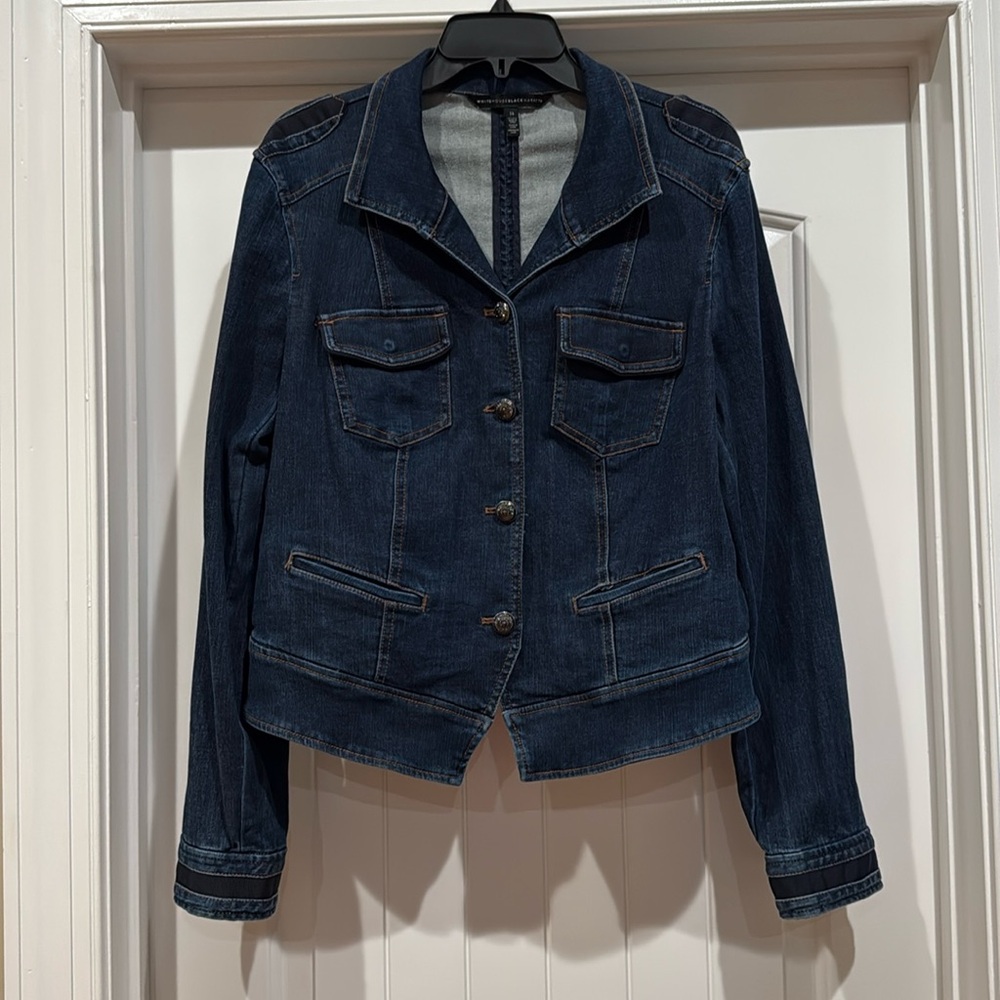 White House Black Market WHBM Denim Band Jean Jacket Indigo Size 14